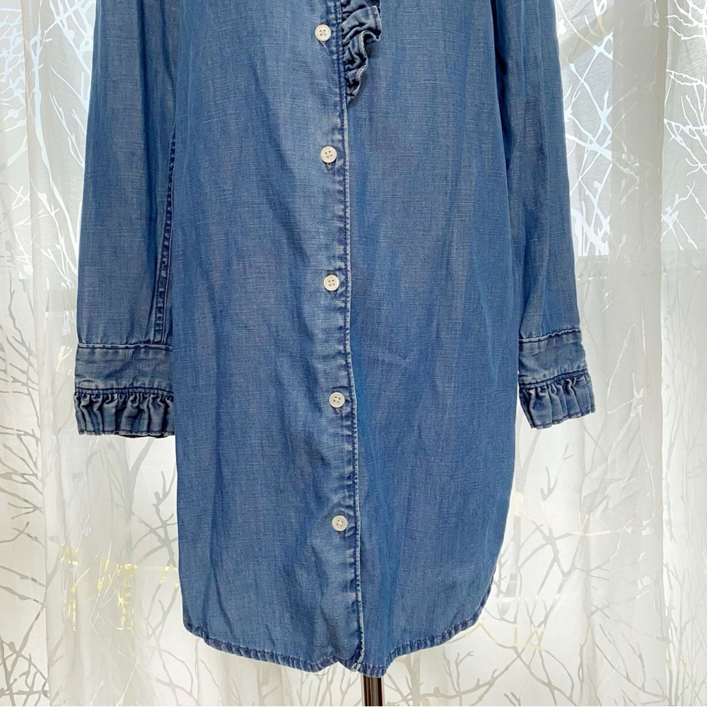 FRAME DENIM BLUE JEAN RUFFLE LONG SLEEVE BUTTON DOWN SHIRT DRESS - Picture 4 of 8